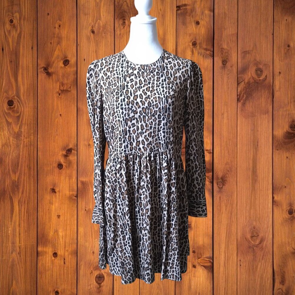 Zara Woman Medium Long Sleeve Leopard Print Peplum Dress With Pockets Colorful